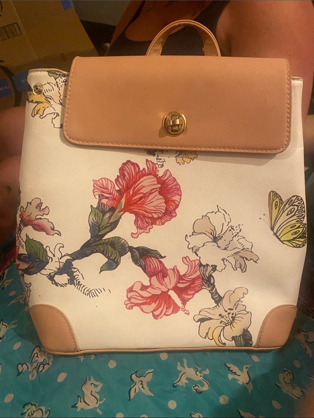 Floral Print Backpack with Tan Leather Trim